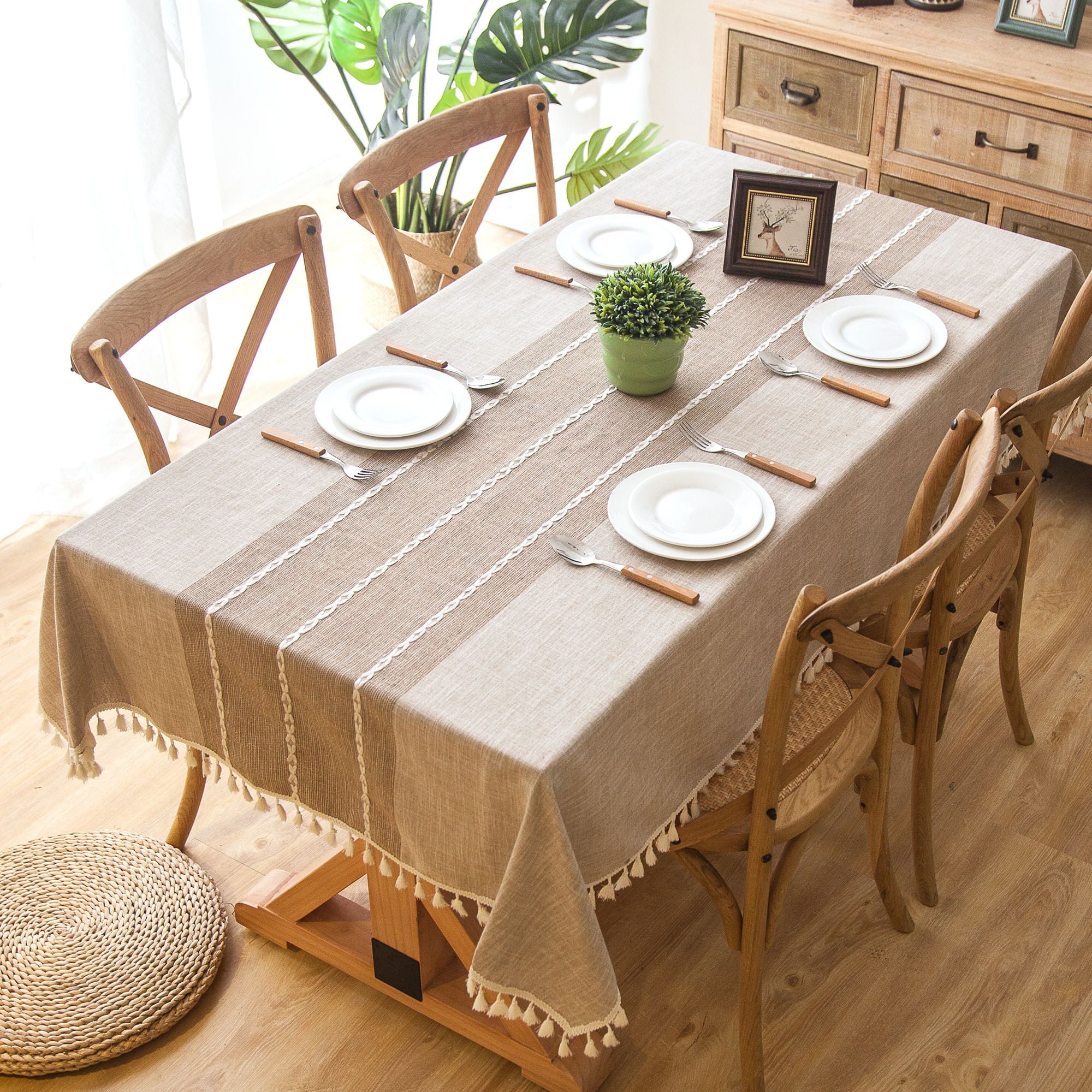 HolaFish Tablecloth with Tassels, Rectangle Cotton and Linen Table Protector Cover for Table Decoration