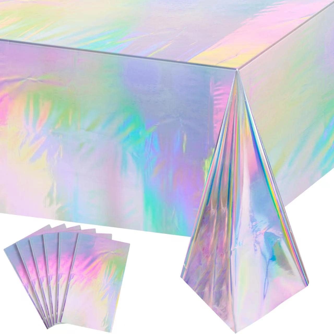 HolaFish Iridescent Plastic Tablecloths Shiny Disposable Laser Rectangle Table Covers Holographic Foil Tablecloth Iridescent Party Decoration