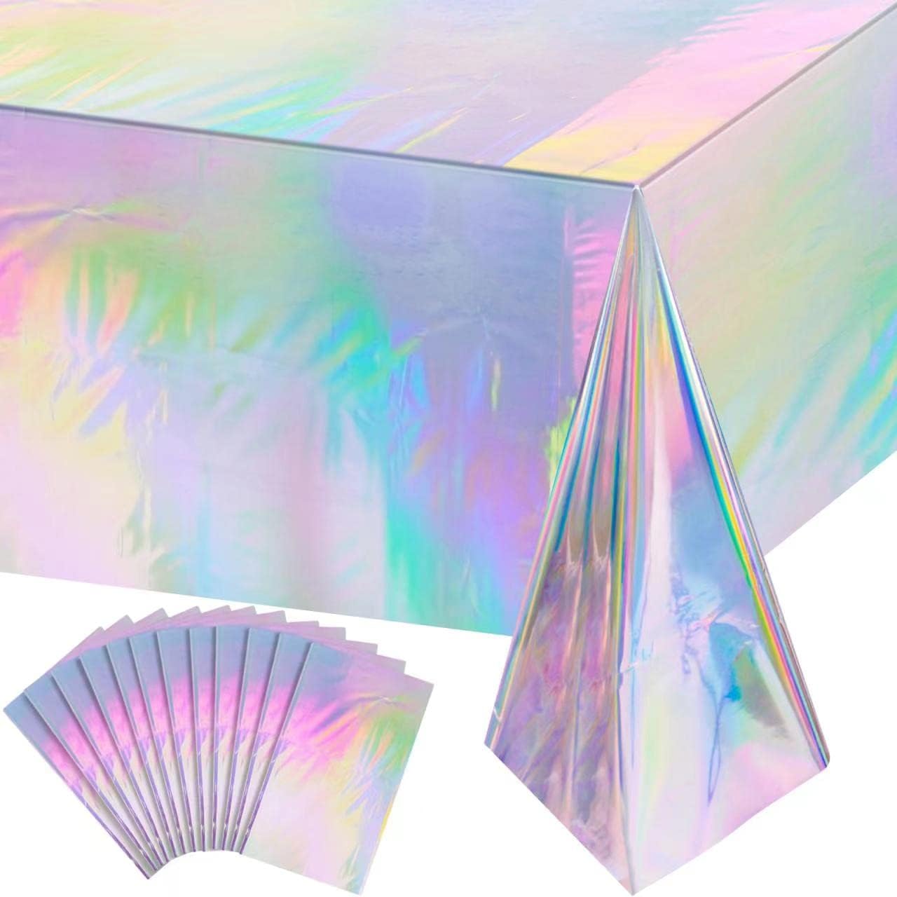 HolaFish Iridescent Plastic Tablecloths Shiny Disposable Laser Rectangle Table Covers Holographic Foil Tablecloth Iridescent Party Decoration