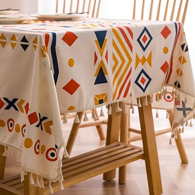 HolaFish Bohemian Tassel Soft Cotton Linen Table Cloth Waterproof Tablecloth Wrinkle Washable, for Dining Outoor Party Kitchen, 35''x35'',Narrow stripes 2-4 Seats