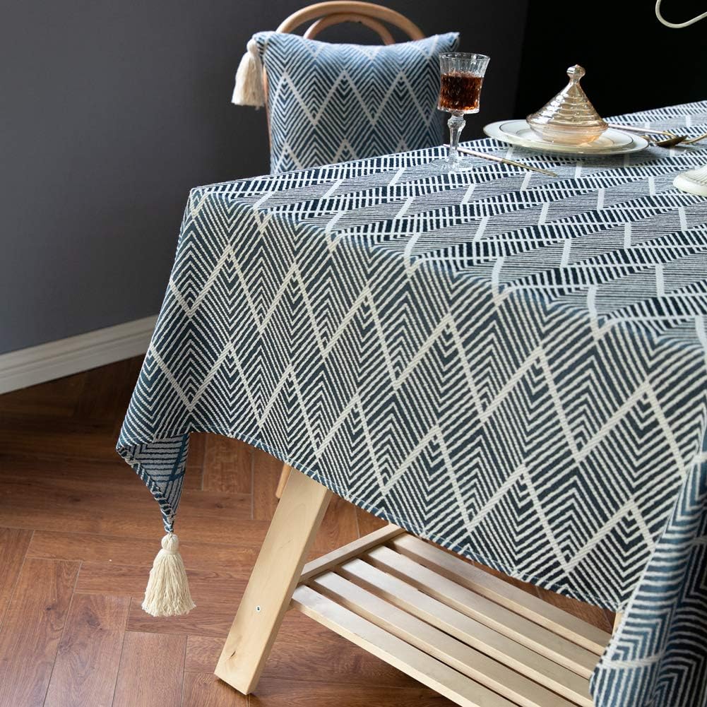 HOLAFISH Twill Tassel Heavy Weight Cotton Linen Washable Tablecloth, Dust-Proof Table Cover for Kitchen Dinning Tabletop Decoration or Picnic Blue Wave, Rectangle