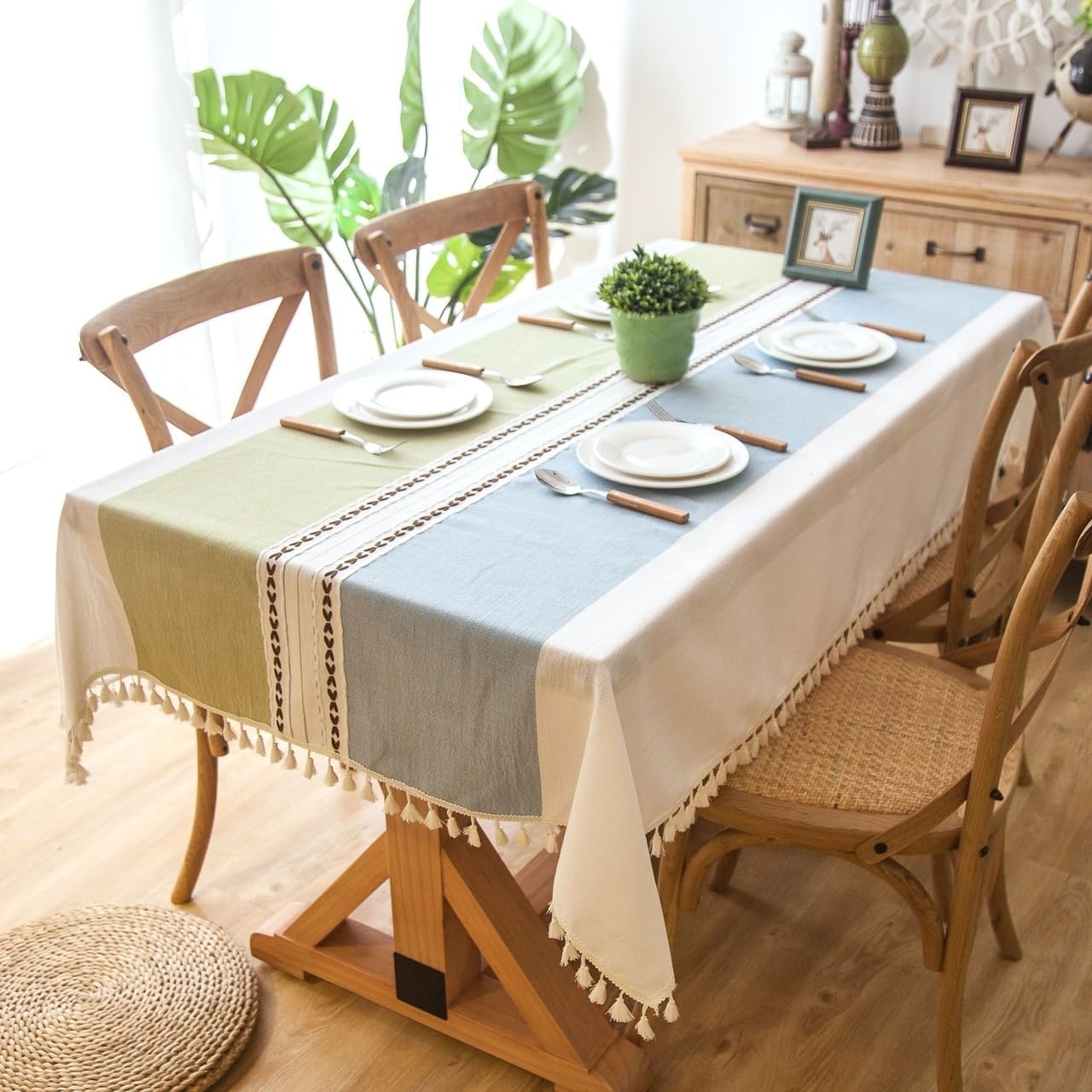 HOLAFISH Rectangle Table Cloth Cotton Linen Tablecloths Rustic Table Cloths Burlap Table Cloths Summer Tablecloth for Picnic Tablecloths for Outdoor (Light Blue Green, Rectangle)