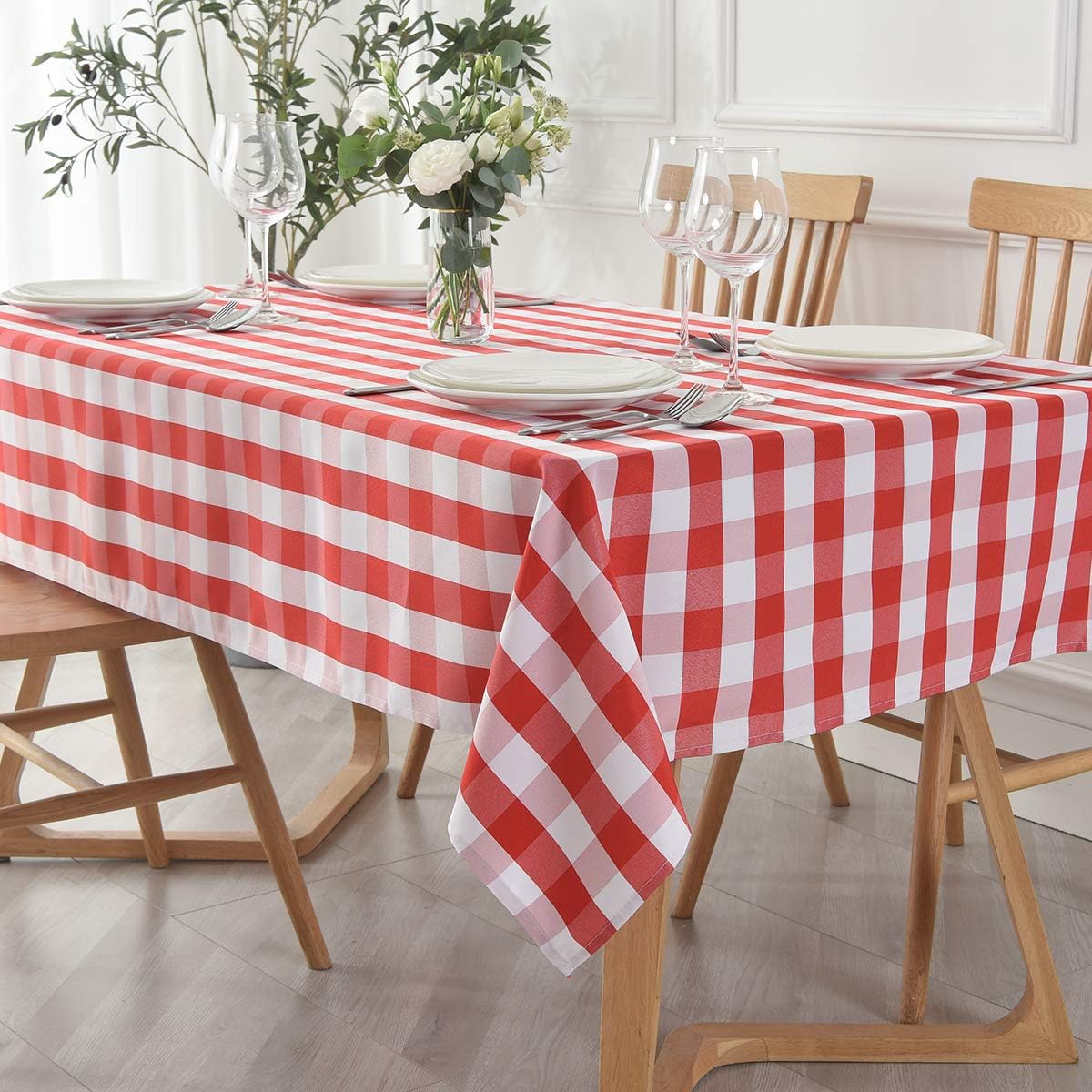 HolaFish Rectangle Checkered Tablecloth Waterproof Spillproof Wrinkle Resistant Buffalo Plaid Heavy Weight Table Cloth Gingham Table Cover for Outdoor and Indoor Use, 52 x 70 Inch Red and White