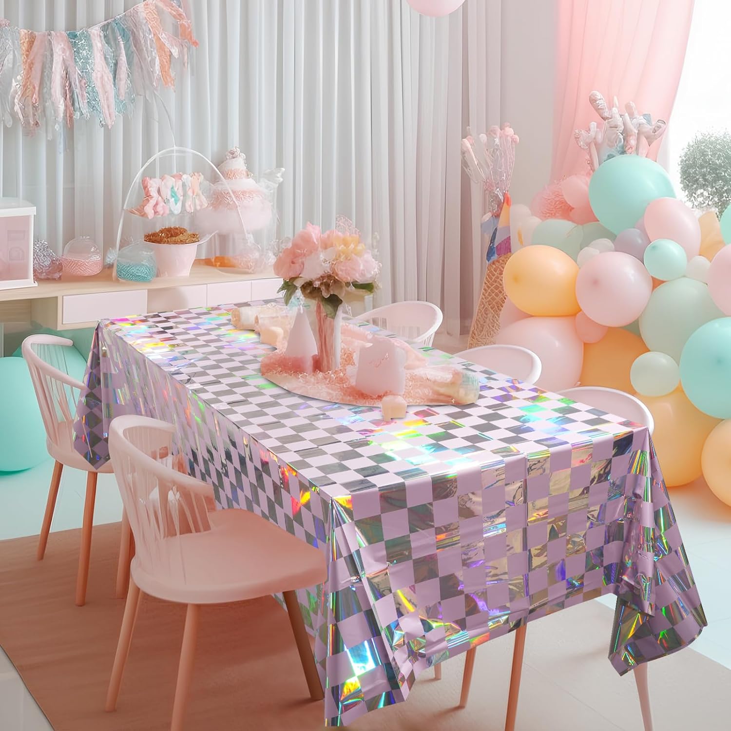 HolaFish Plastic Tablecloths Shiny Disposable Laser Rectangle Table Covers Holographic Foil Tablecloth Iridescent Party Decoration