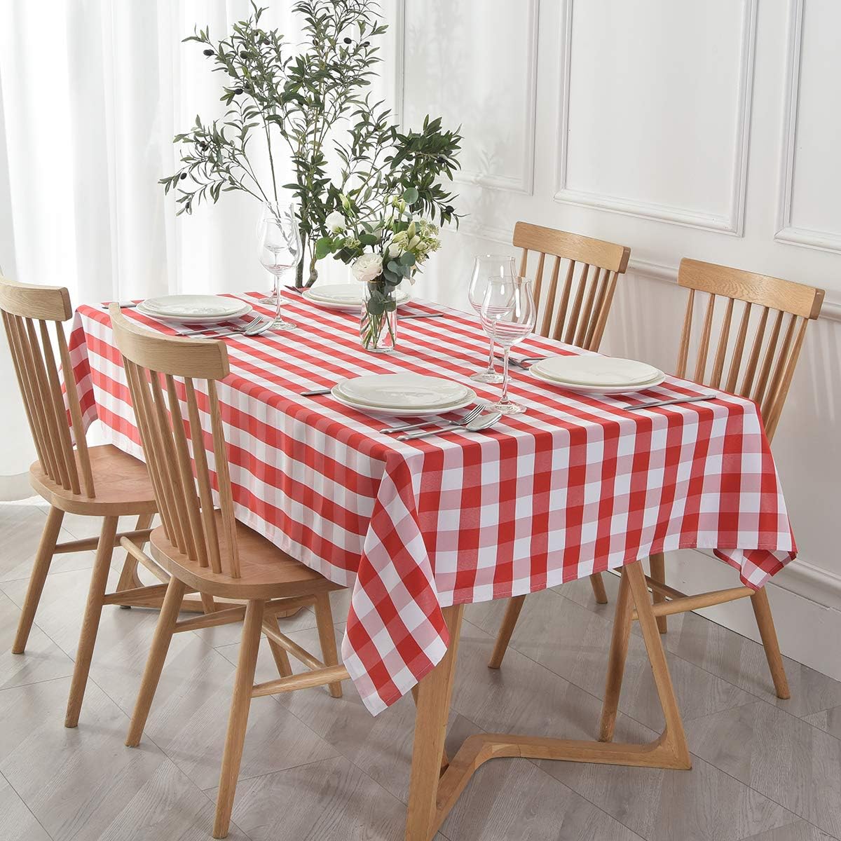 HolaFish Rectangle Checkered Tablecloth Waterproof Spillproof Wrinkle Resistant Buffalo Plaid Heavy Weight Table Cloth Gingham Table Cover for Outdoor and Indoor Use, 52 x 70 Inch Red and White