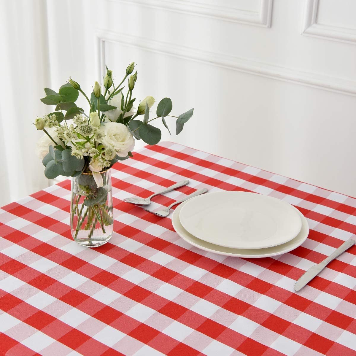 HolaFish Rectangle Checkered Tablecloth Waterproof Spillproof Wrinkle Resistant Buffalo Plaid Heavy Weight Table Cloth Gingham Table Cover for Outdoor and Indoor Use, 52 x 70 Inch Red and White