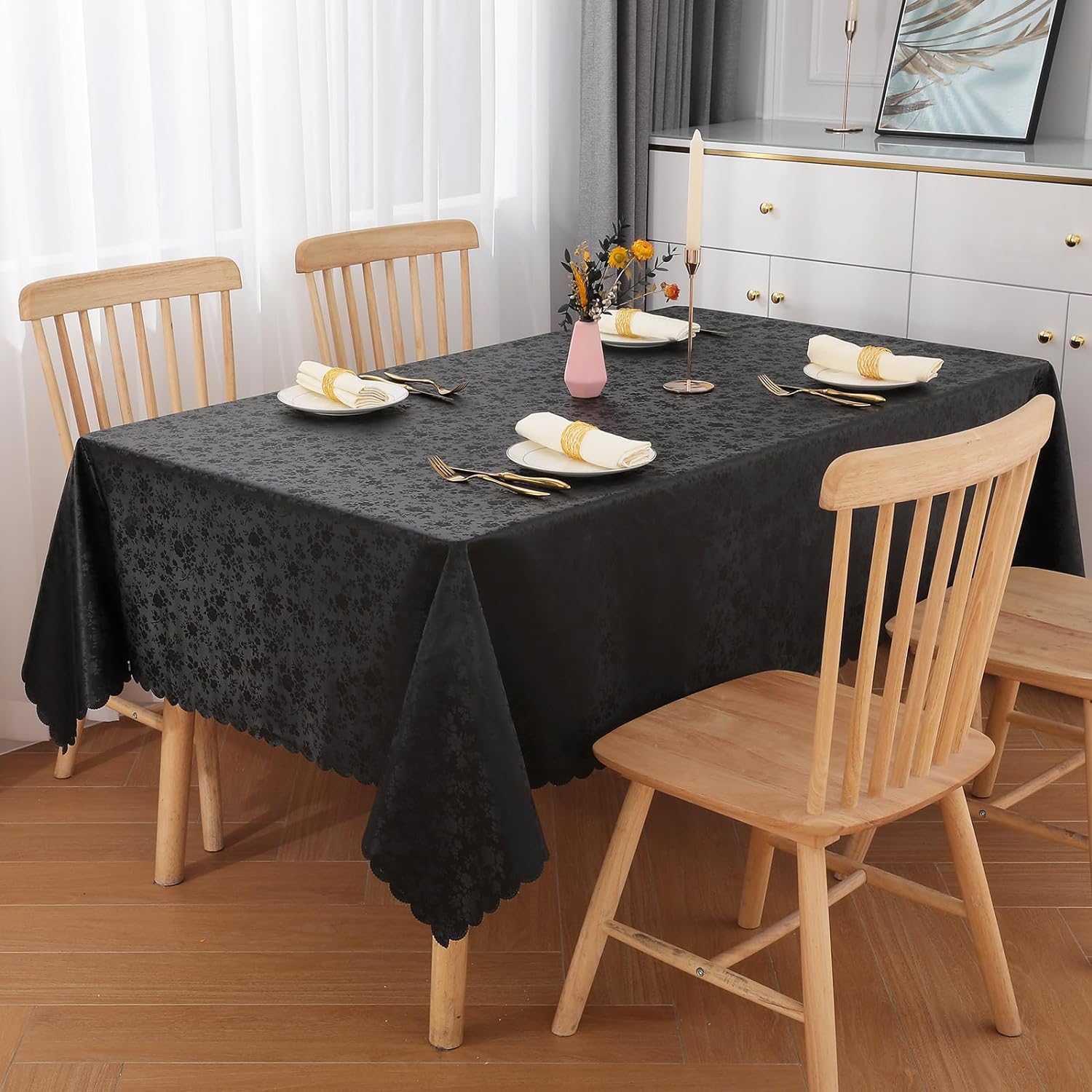 HolaFish Rectangle Table Cloth, Waterproof Heavy Duty Vinyl Tablecloths, Wipeable Washable Table Cover for Kitchen and Dining Room (Black, 54" X 78")