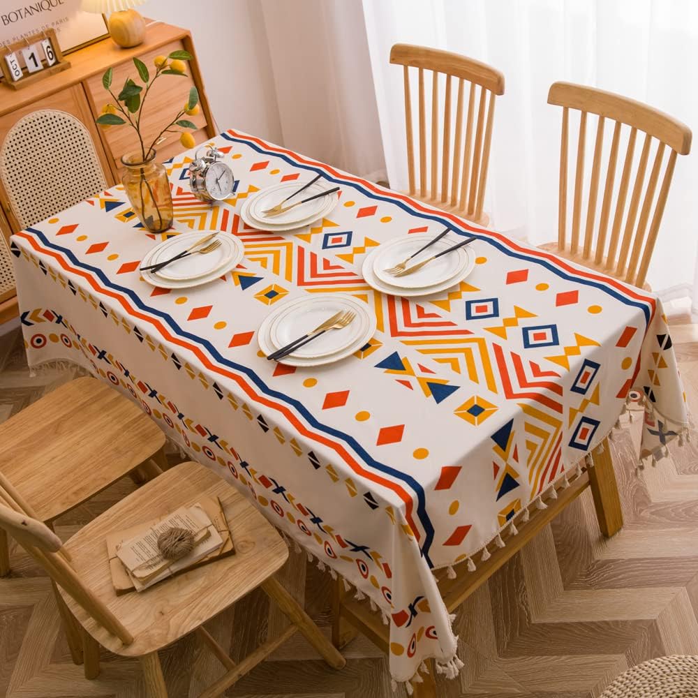 HolaFish Bohemian Tassel Soft Cotton Linen Table Cloth Waterproof Tablecloth Wrinkle Washable, for Dining Outoor Party Kitchen, 35''x35'',Narrow stripes 2-4 Seats