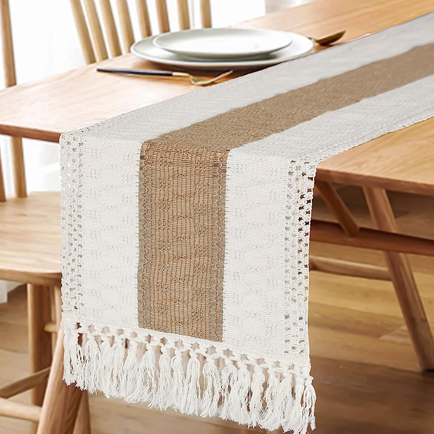 Holafish Boho Table Runner  for Home Decor Farmhouse Table Runner Cream & Brown Rustic Macrame Table Runner with Tassels for Bohemian Dining Bedroom Decor Bridal Shower