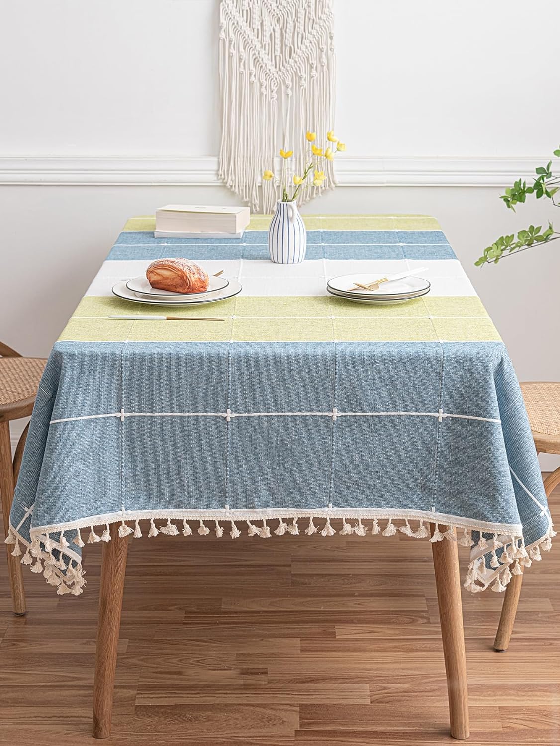 HOLAFISH Tablecloth Colorblock Tassel Decor Table Cloth Farmhouse Rectangle Water Repellent and Wrinkle-Free Tablecloth Decor for Home Kitchen Dining Party Indoor and Outdoor