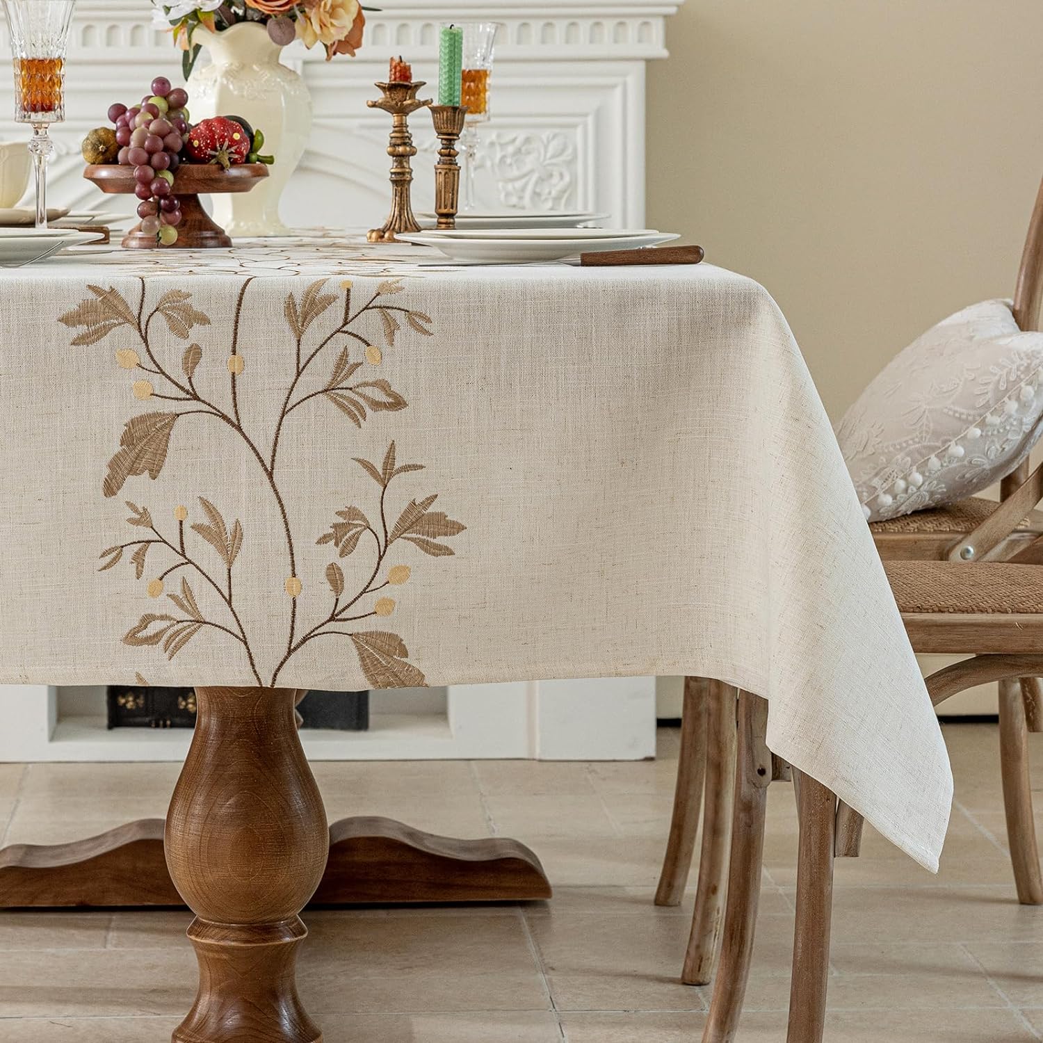 HOLAFISH Rustic Waterproof Linen Tablecloth, Heavy Weight Beige Embroidery Table Cloths for Rectangle Tables, Wrinkle Free Burlap Farmhouse Table Covers