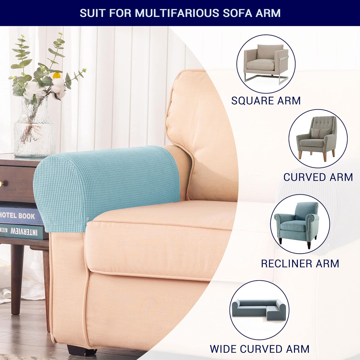 HolaFish Stretch Armrest Spandex Arm Covers for Chairs Couch Armchair Slipcovers for Recliner Sofa with Twist Pins 2pcs