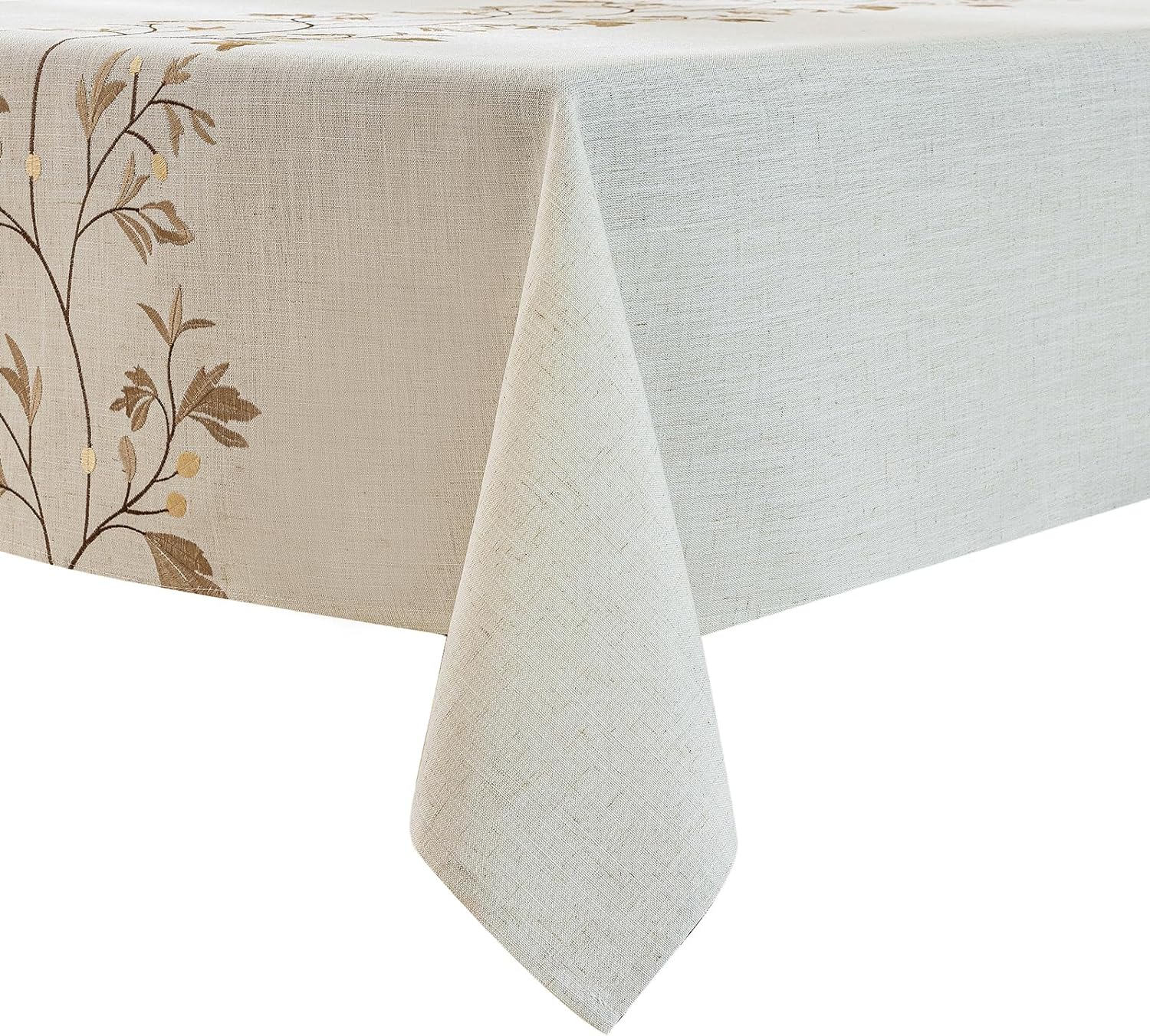 HOLAFISH Rustic Waterproof Linen Tablecloth, Heavy Weight Beige Embroidery Table Cloths for Rectangle Tables, Wrinkle Free Burlap Farmhouse Table Covers