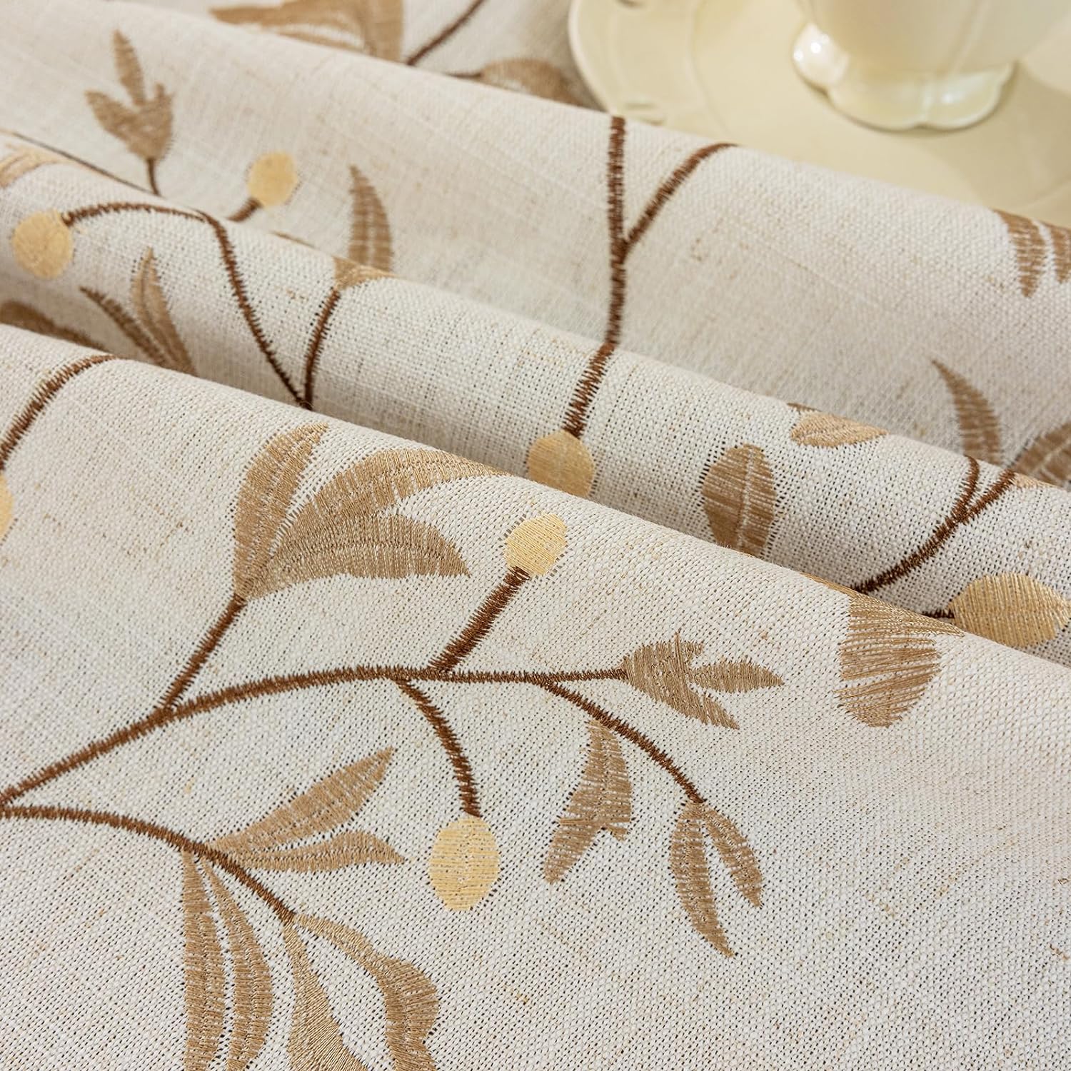 HOLAFISH Rustic Waterproof Linen Tablecloth, Heavy Weight Beige Embroidery Table Cloths for Rectangle Tables, Wrinkle Free Burlap Farmhouse Table Covers