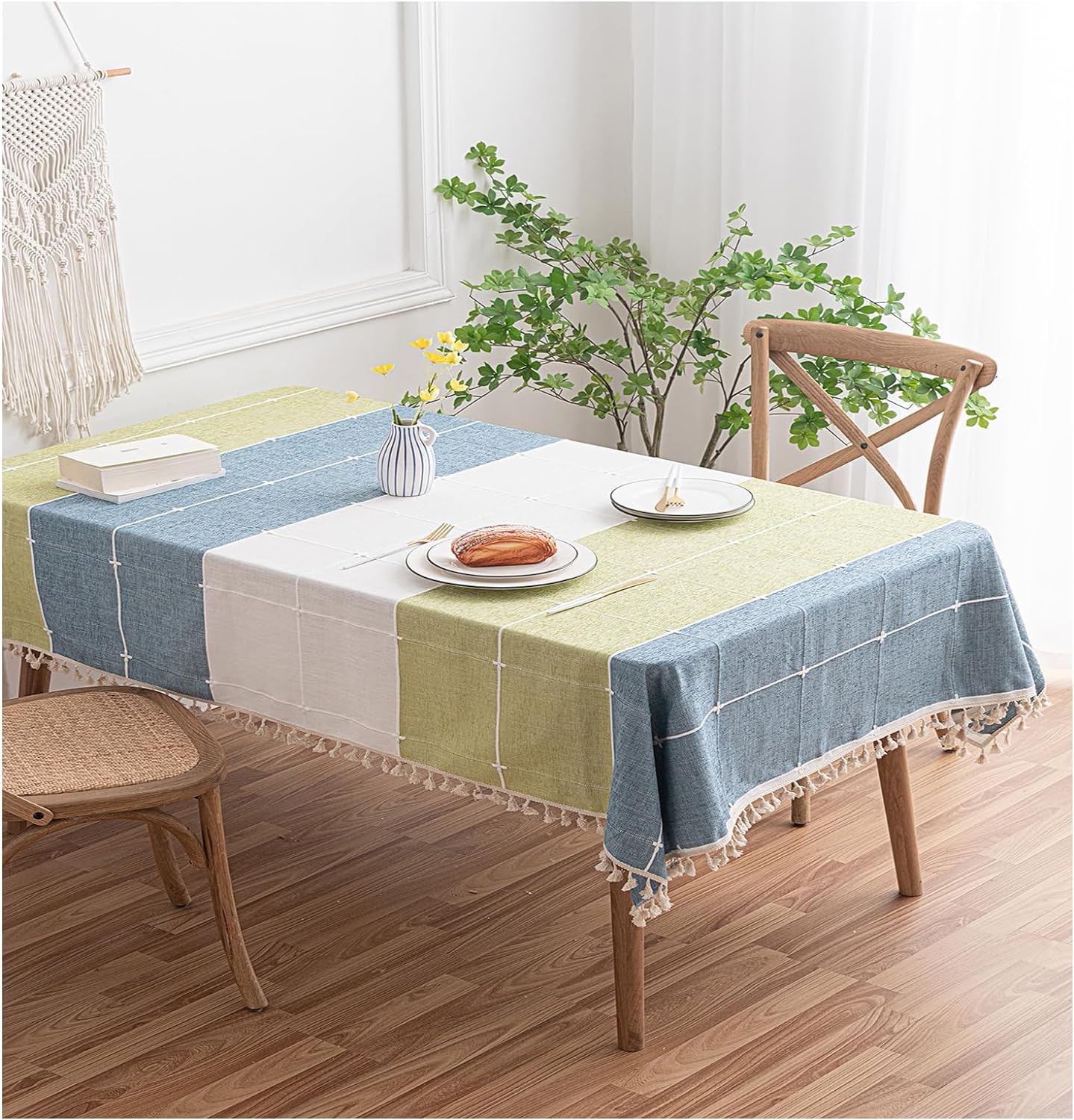 HOLAFISH Tablecloth Colorblock Tassel Decor Table Cloth Farmhouse Rectangle Water Repellent and Wrinkle-Free Tablecloth Decor for Home Kitchen Dining Party Indoor and Outdoor