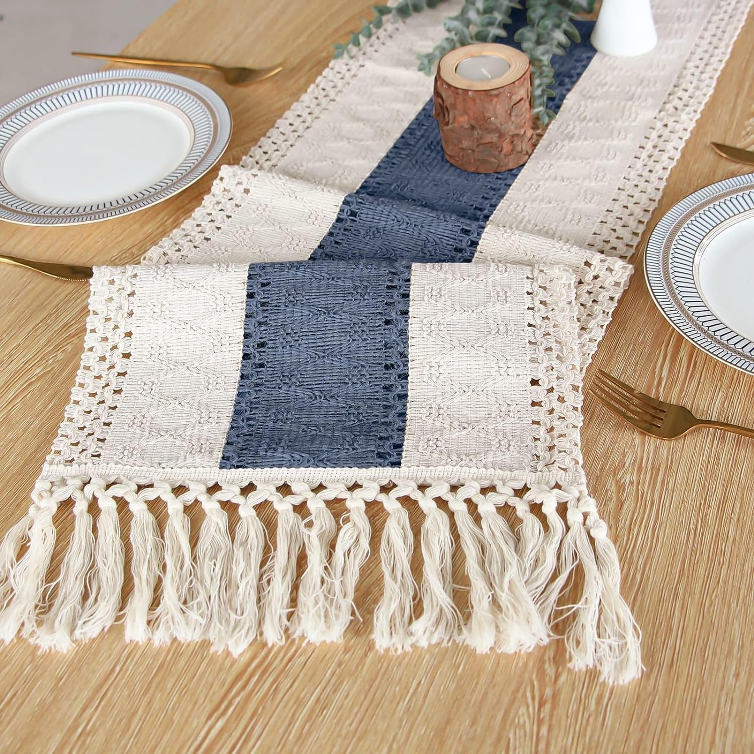 Holafish Boho Table Runner  for Home Decor Farmhouse Table Runner Cream & Brown Rustic Macrame Table Runner with Tassels for Bohemian Dining Bedroom Decor Bridal Shower