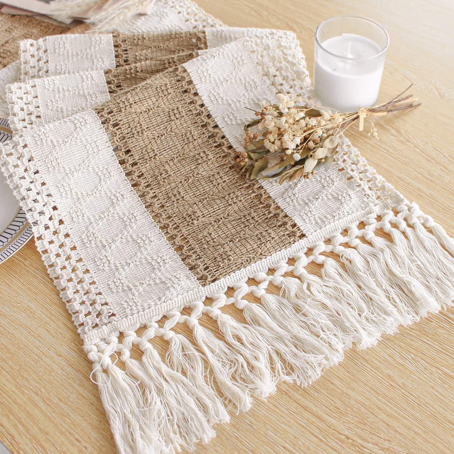 Holafish Boho Table Runner  for Home Decor Farmhouse Table Runner Cream & Brown Rustic Macrame Table Runner with Tassels for Bohemian Dining Bedroom Decor Bridal Shower