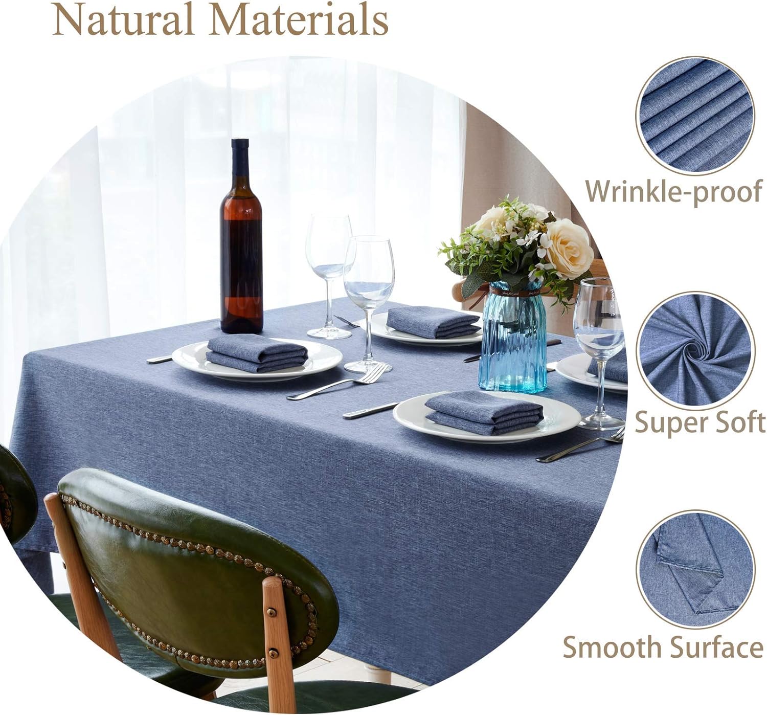 Rectangle Table Cloth Linen Farmhouse Tablecloth Waterproof Anti-Shrink Soft and Wrinkle Resistant Decorative Fabric Table Cover for Kitchen (Denim Blue, 52" x 70" (4-6 Seats))