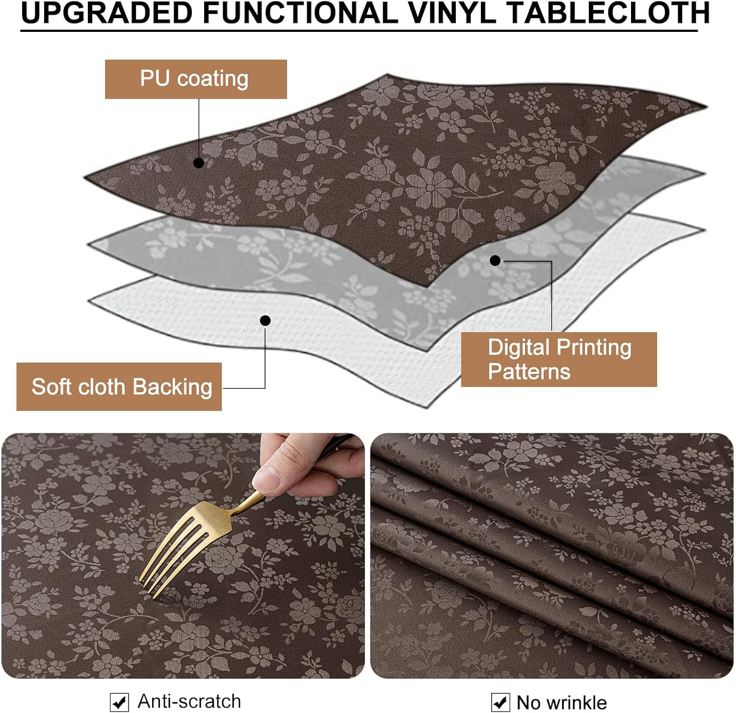 Rectangle Table Cloth, Waterproof Heavy Duty Vinyl Tablecloths, Wipeable Washable Table Cover for Kitchen and Dining Room (Coffee, 54" X 78")