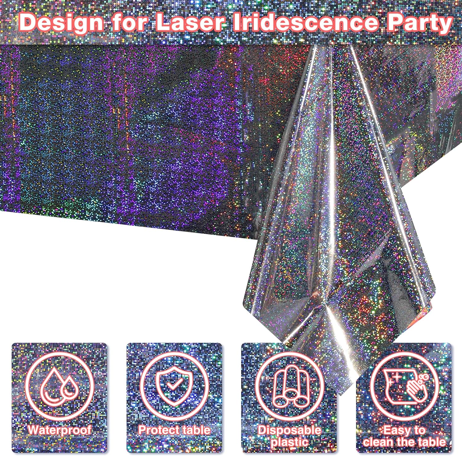 HolaFish Plastic Tablecloths Shiny Disposable Laser Rectangle Table Covers Holographic Foil Tablecloth Iridescent Party Decoration