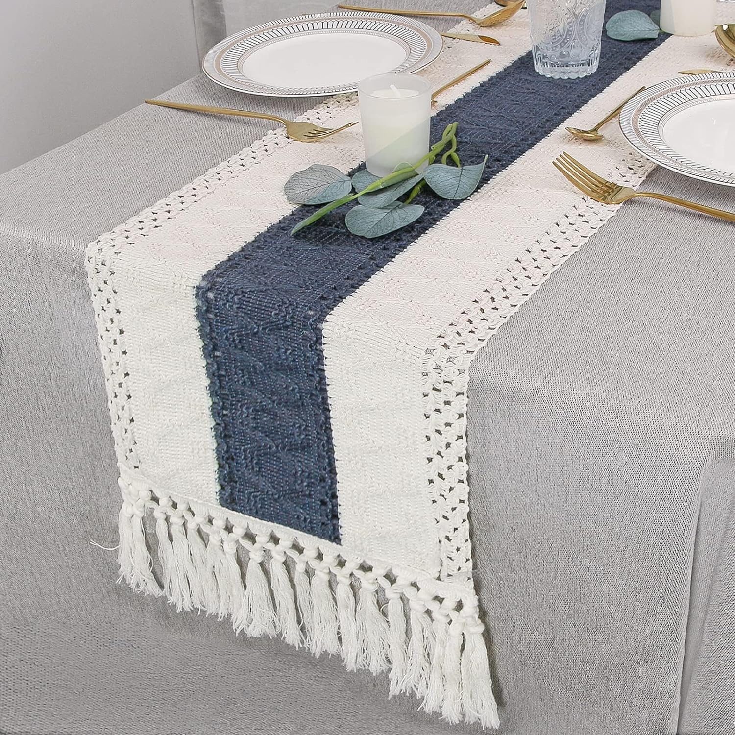 Holafish Boho Table Runner  for Home Decor Farmhouse Table Runner Cream & Brown Rustic Macrame Table Runner with Tassels for Bohemian Dining Bedroom Decor Bridal Shower