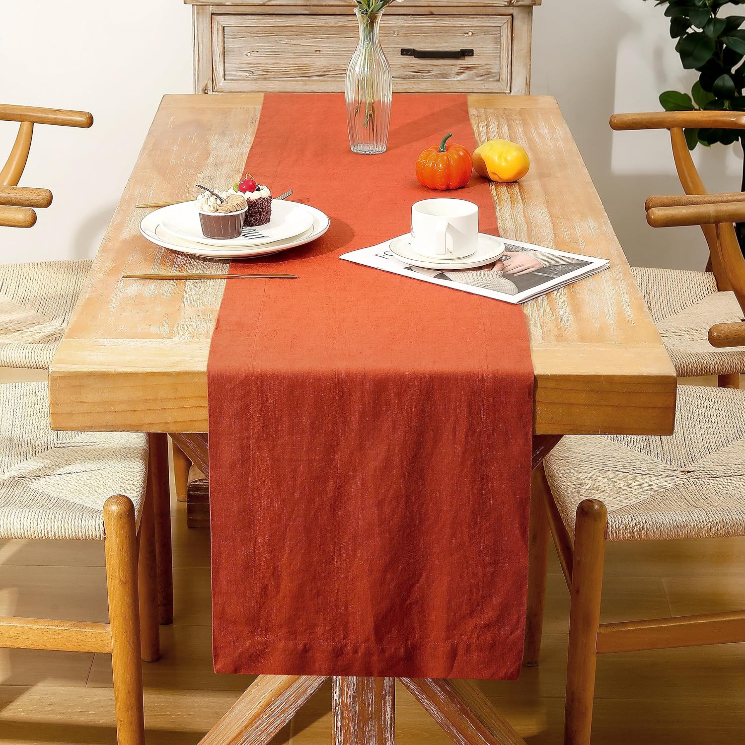 HOLAFISH Homes Rust Linen Table Runner 36 inches Long - 100% Pure Linen Classic Hemmed Table Runner - Small Coffee Farmhouse Table Runner for Indoor, Outdoor