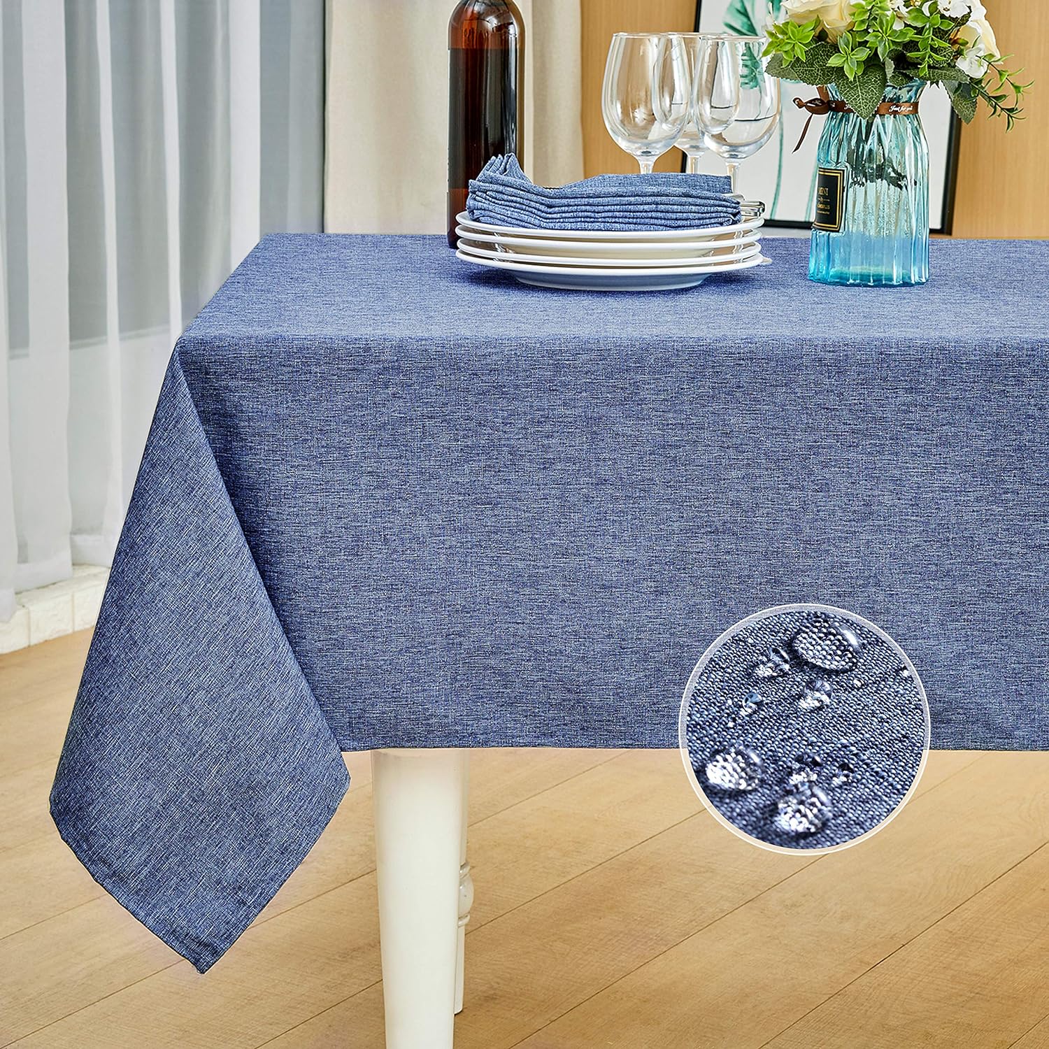 Rectangle Table Cloth Linen Farmhouse Tablecloth Waterproof Anti-Shrink Soft and Wrinkle Resistant Decorative Fabric Table Cover for Kitchen (Denim Blue, 52" x 70" (4-6 Seats))