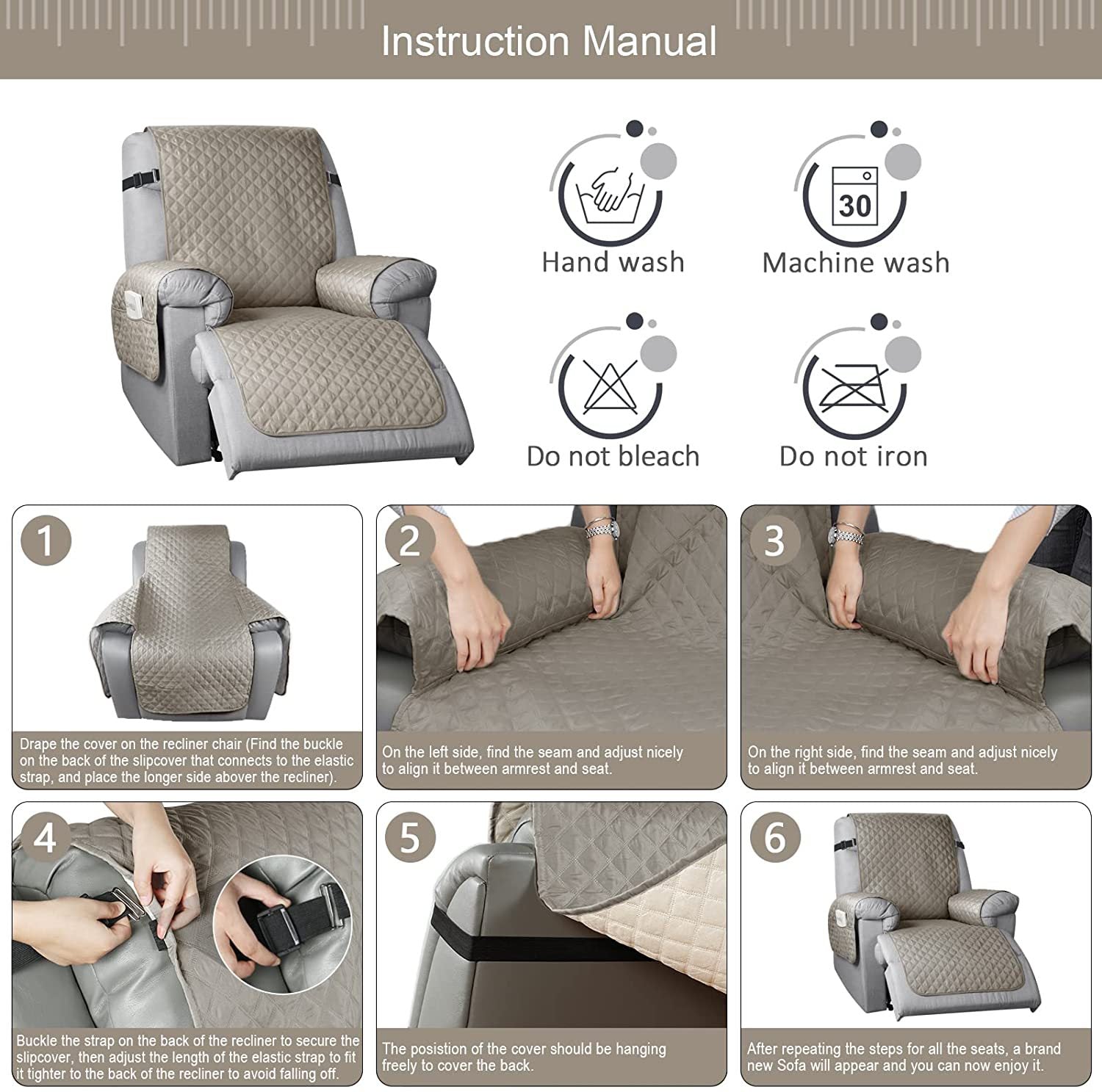 HolaFish Recliner Chair Cover 100% Waterproof Reclining Couch Covers for Pets, Dogs, Recliner Couch Slipcover Furniture Protector with Elastic Straps